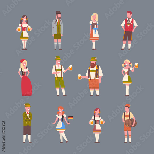 People Wearing German Traditional Clothes Set Of Icons Of Man And Woman Holding Beer Mugs Oktoberfest Party Concept Flat Vector Illustration
