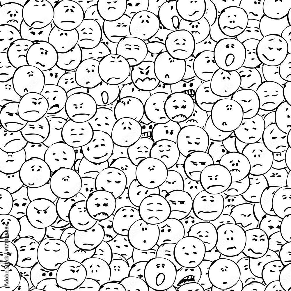 A collection of doodle faces with negative emotions, seamless pattern, black outlines, white background. Emoticons. Emotional icons. Vector illustration. A collection of doodle faces with negative emotions, seamless pattern, black outlines, white background. Emoticons. Emotional icons. Vector illustration.