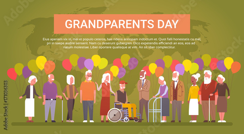 Happy Grandparents Day Greeting Card Banner Mix Race Group Of Senior People Over World Map Vector Illustration