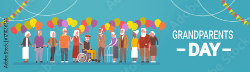 Happy Grandparents Day Greeting Card Banner Mix Race Group Of Senior People Celebration Vector Illustration