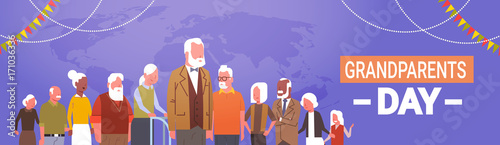 Happy Grandparents Day Greeting Card Banner Mix Race Group Of Senior People Celebration Vector Illustration