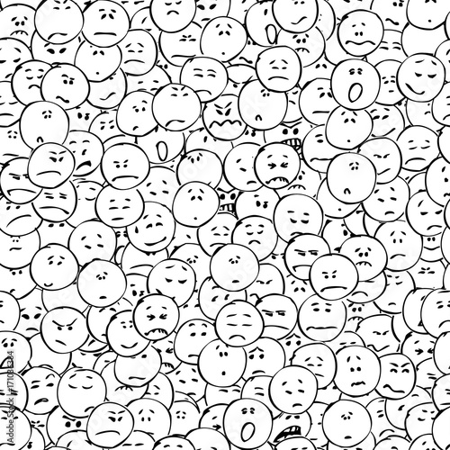 A collection of doodle faces with negative emotions, seamless pattern, black outlines, white background. Emoticons. Emotional icons. Vector illustration.