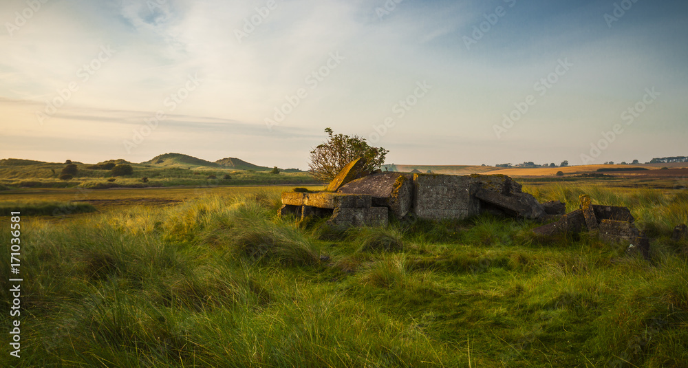 Fototapeta premium Ruins of World War 2 Pillbox at Alnmouth, on the coast of Northumberland, England, UK. In the early morning sunlight.