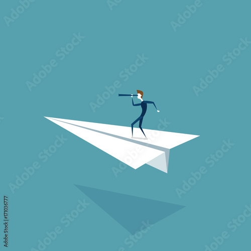 Businessman Flying On Paper Plane Looking Through Binocular On Successful Future Growth Development Concept Flat Vector Illustration