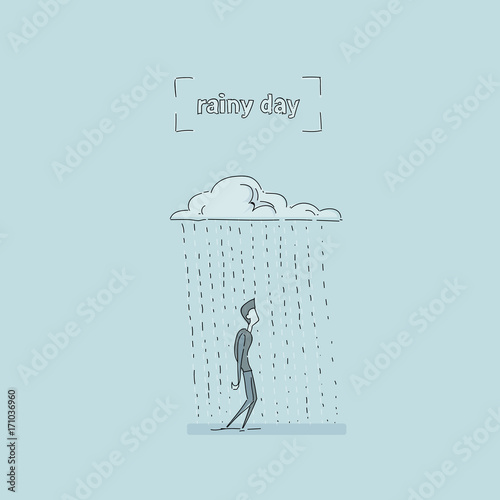 Business Man Standing Under Rain Cloud Rainy Day Problem Concept Vector Illustration
