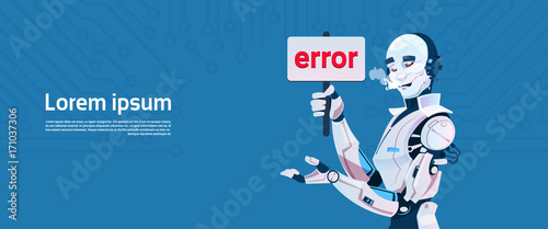 Modern Robot Show Error Message, Futuristic Artificial Intelligence Mechanism Technology Flat Vector Illustration