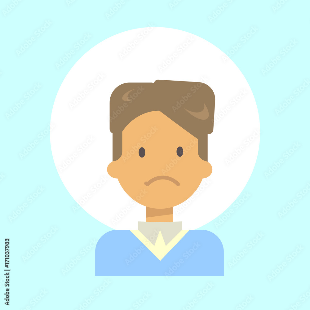 Male Sad Emotion Profile Icon, Man Cartoon Portrait Face Vector Illustration