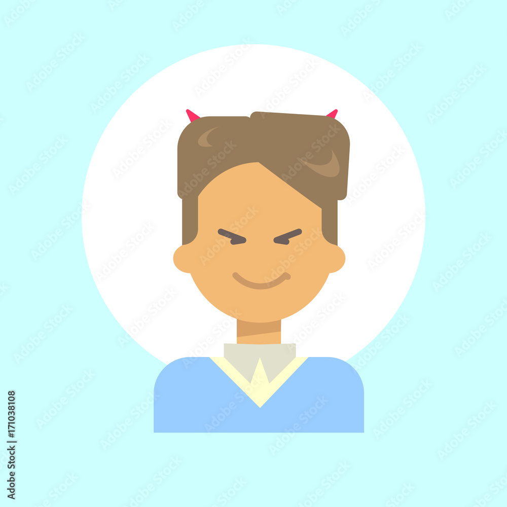Male With Devil Horns Emotion Profile Icon, Man Cartoon Portrait Happy Smiling Face Vector Illustration