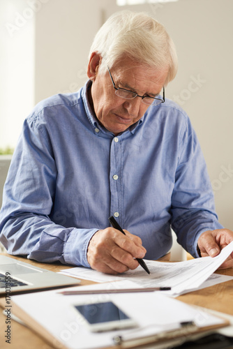 Portrait of modern senior man filling tax report or application form at home sitting at table with laptop