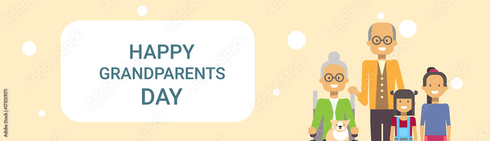 Happy Grandparents Day Greeting Card Banner Grandfather And Grandmother With Grandchildren Together Vector Illustration