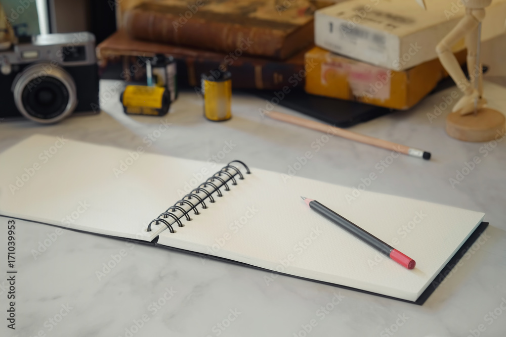 Open notebook,Top view with copy space. Free space for text. Office workplace Open notebook,Top view with copy space. Free space for text. Office workplace