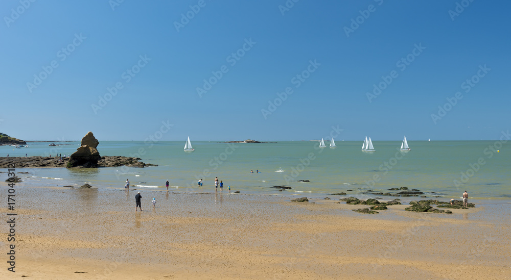 Fototapeta premium Brittany Beach - rocks, sand, sea ships and sky