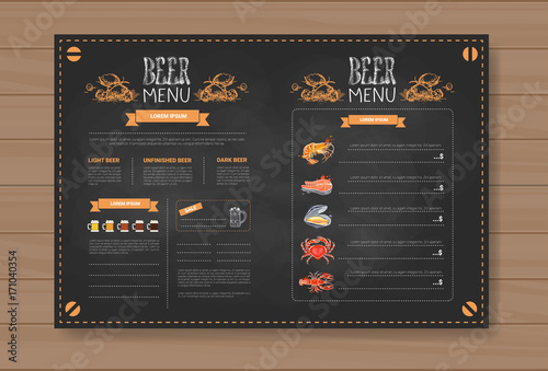 Beer And Sea Food Menu Design For Restaurant Cafe Pub Chalked On Wooden Textured Background Vector Illustration