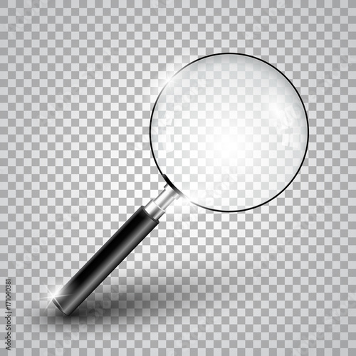 Realistic magnifying glass isolated on checkered background vector illustration for zoom and tool with lens for magnifying