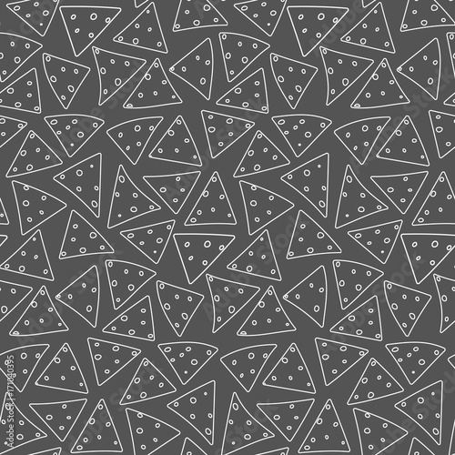 Seamless pattern with outline white nachos on black background. Cute linear mexican fast food texture for textile, wallpaper, background, cover, banner, bar and cafe menu design