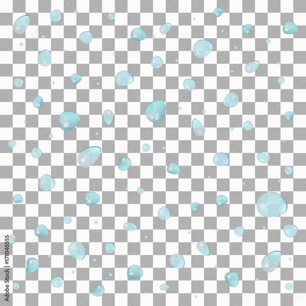 Blue realistic water drops on transparent background. Vector waterdrops for cover, banner, wed background, advertisement cover