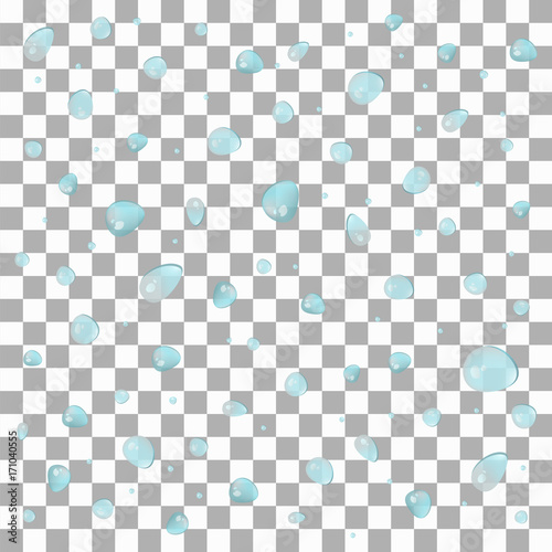 Blue realistic water drops on transparent background. Vector waterdrops for cover, banner, wed background, advertisement cover