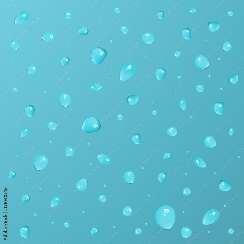 Abstract background with isolated blue vector water drops on blue gradient background. Vector waterdrops for cover, banner, wed background, advertisement cover