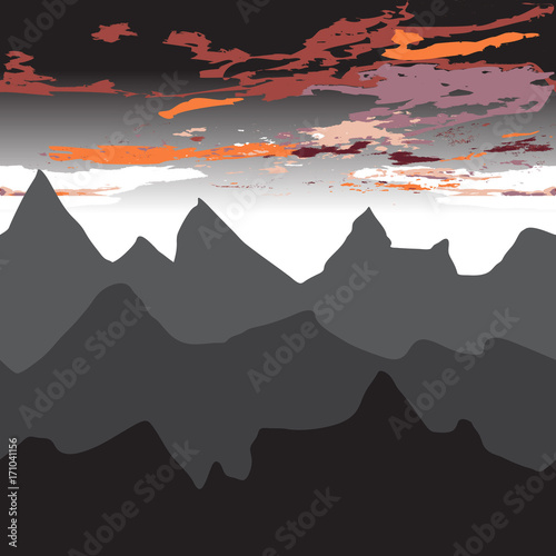 Black mountains in the fog.Seamless background.Sunrise or sunset in the mountains