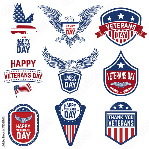 Set of veterans day emblems isolated on white background.
