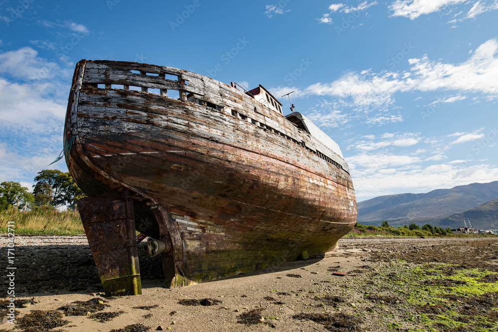 Shipwreck on the shores of Loch Linnhe near Fort William, Scotland