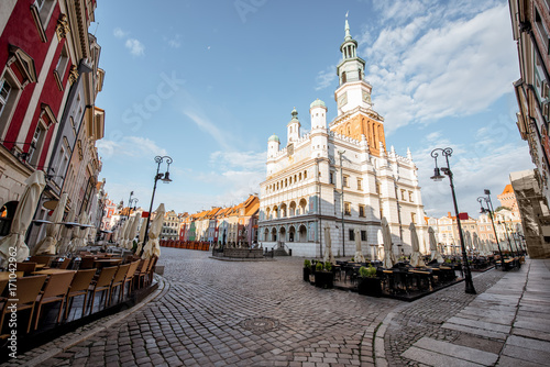 View on the Market square with beautiful town hall building during the morning light in Poznan, Krakow