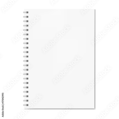 Realistic spiral notebook mockup, copybook blank cover. Clear note book front page ore clean page with shadow