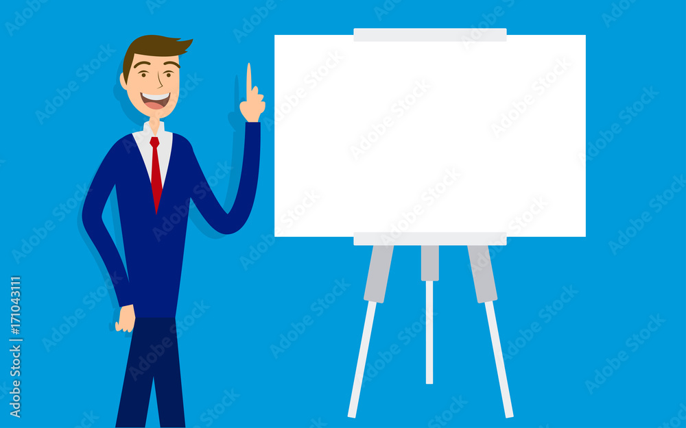 Businessman in suit. Business concept with icons.Flat design vector illustration isolated on blue background Businessman in suit. Business concept with icons.Flat design vector illustration isolated on blue background