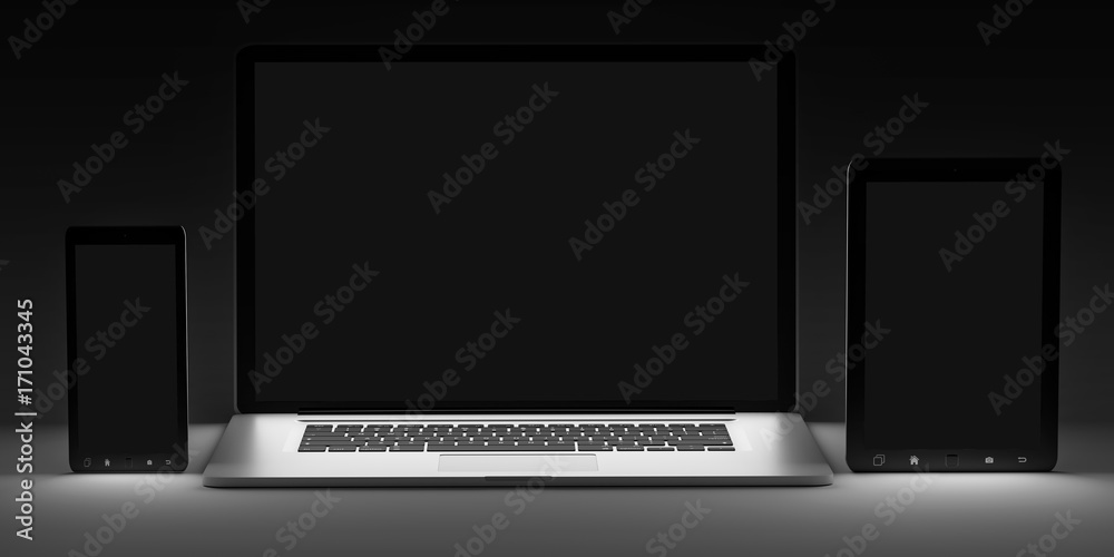 Dark modern computer laptop mobile phone and tablet 3D rendering Dark modern computer laptop mobile phone and tablet 3D rendering