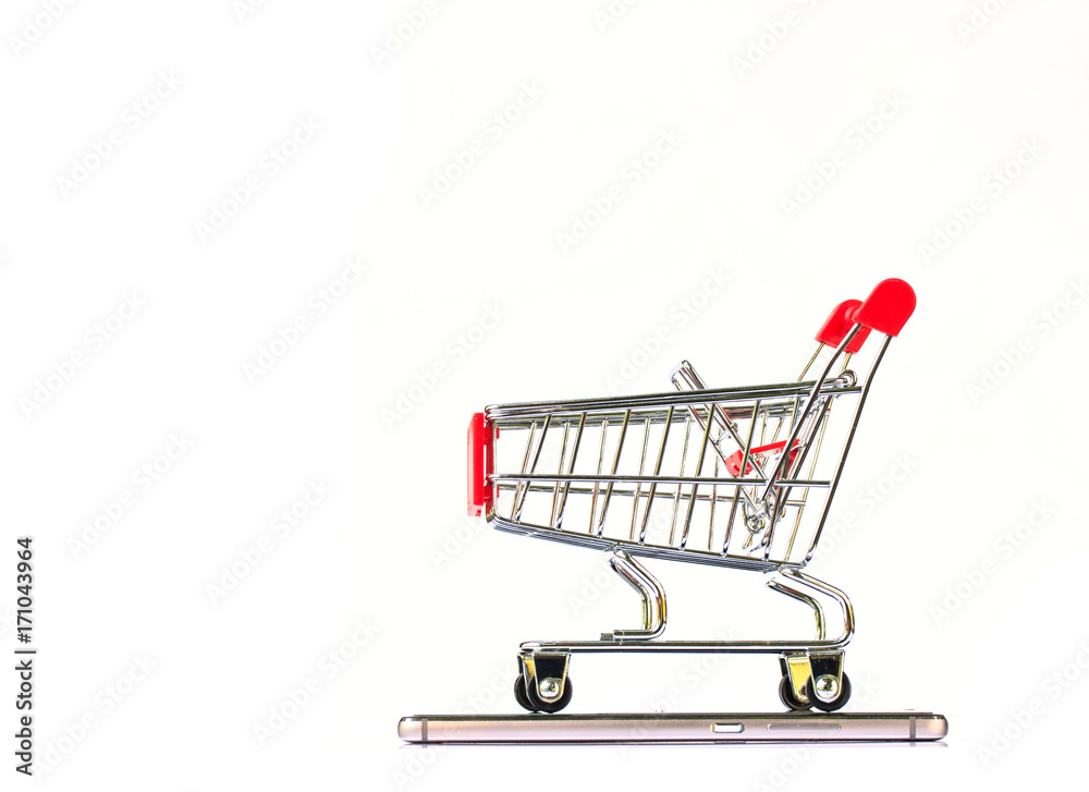 shopping cart on smartphone on white background shopping cart on smartphone on white background