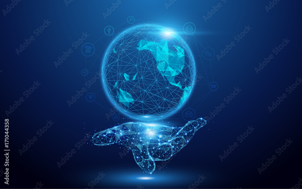 Wireframe A Globe Map with social icons on hand sign mesh from a starry on blue background