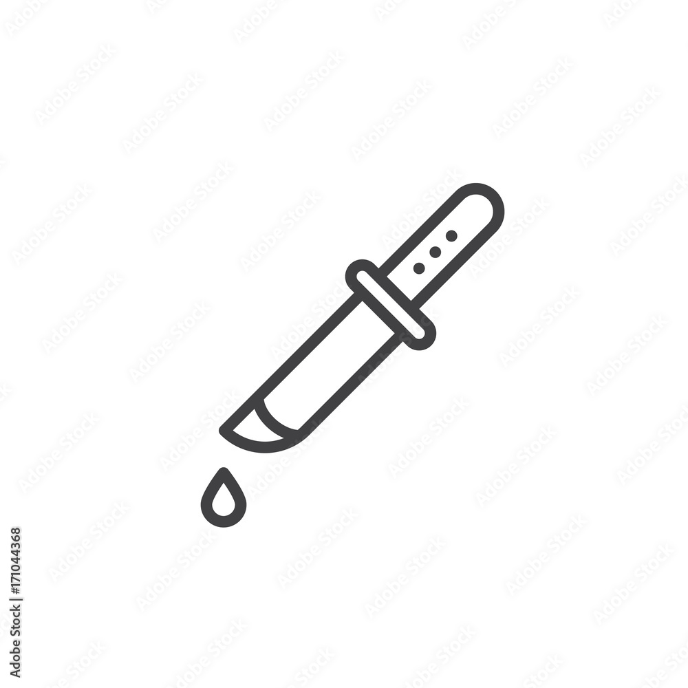 Knife with blood drop line icon, outline vector sign, linear style pictogram isolated on white. Halloween holiday Symbol, logo illustration. Editable stroke