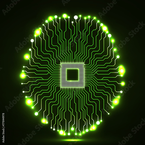 Neon brain. Cpu. Circuit board. Abstract technology background