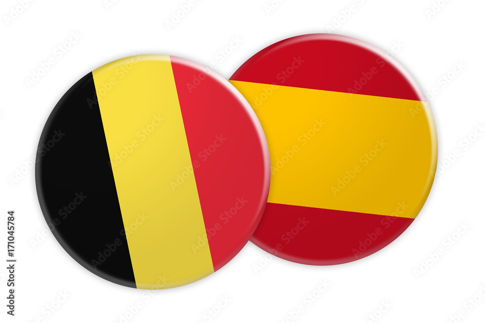 News Concept: Belgium Flag Button On Spain Flag Button, 3d illustration on white background