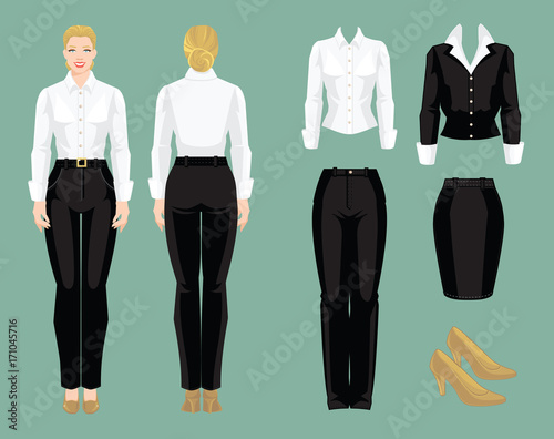 Vector illustration of corporate dress code. Business woman or secretary in formal clothes. Front view and back view. White blouse, black pants, skirt and beige shoes isolated on white background.