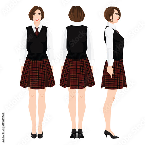 Vector illustration of young girl  in school or academy uniform and shoes on flat heel on white background. Formal skirt with tartan pattern. Various turns woman's figure. Front view and back view.