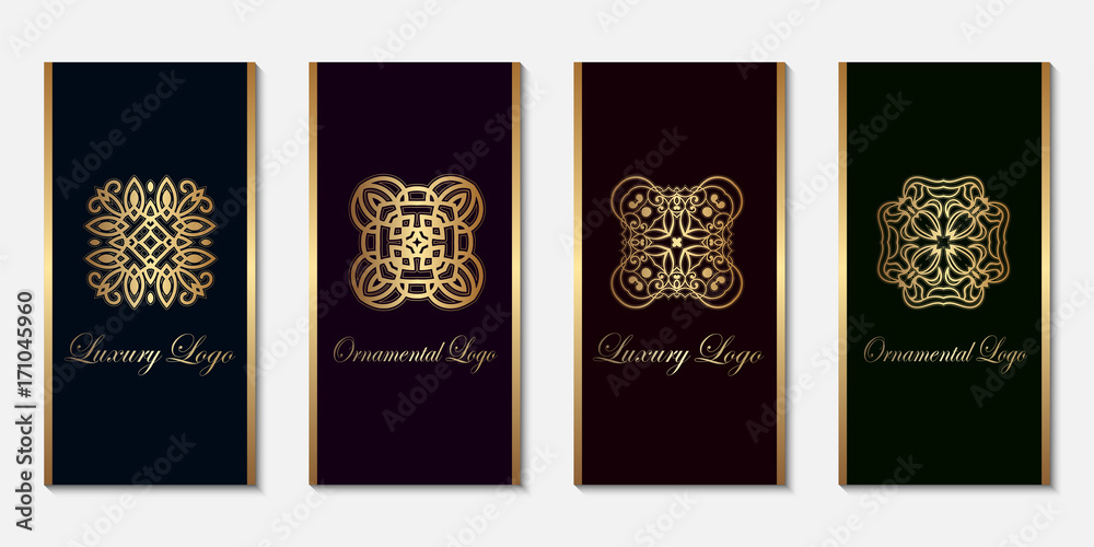 Logo design templates set with golden gradient on dark background. For luxury products, emblems, packaging.