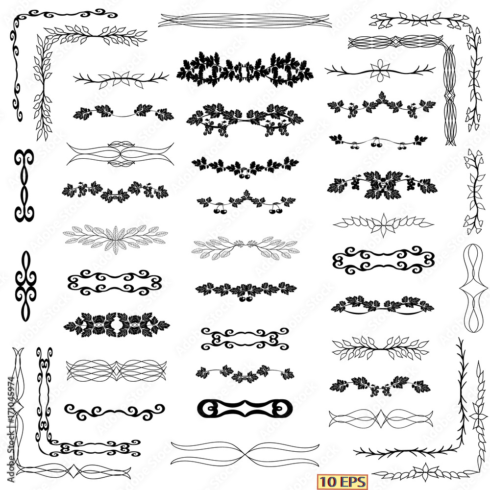 Decorative borders, dividers, swirls, dividing, scrolls. Set of graphical, elements. Borders and corners in black color for web design. Swirls ornament vector page dividers.