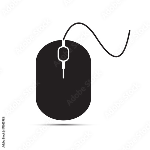 Flat icon outline black and white mouse with the shadow.