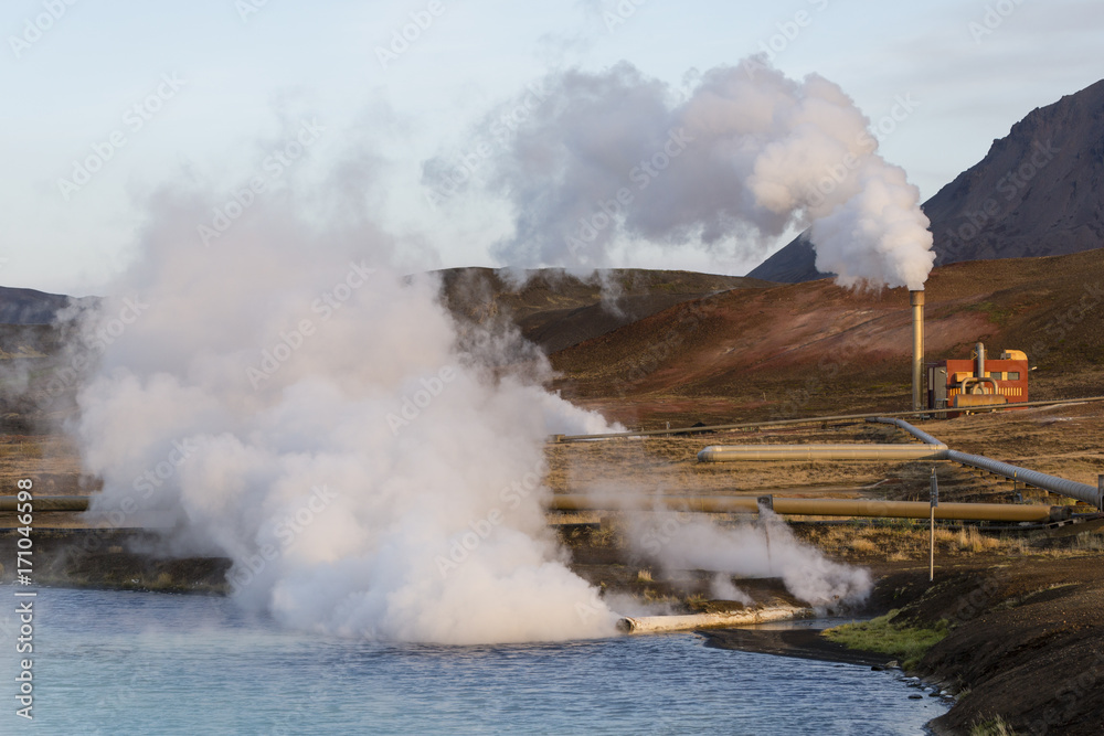 Geothermal Power Station and Bright Turquoise Lake in Iceland