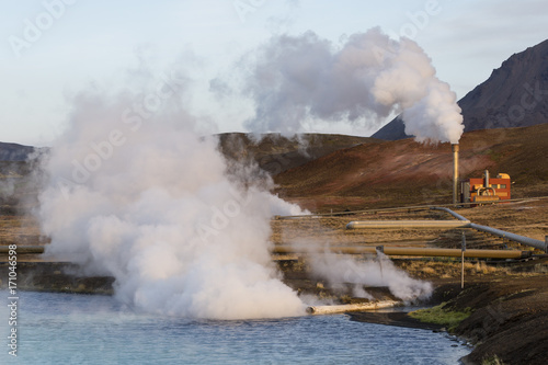 Geothermal Power Station and Bright Turquoise Lake in Iceland