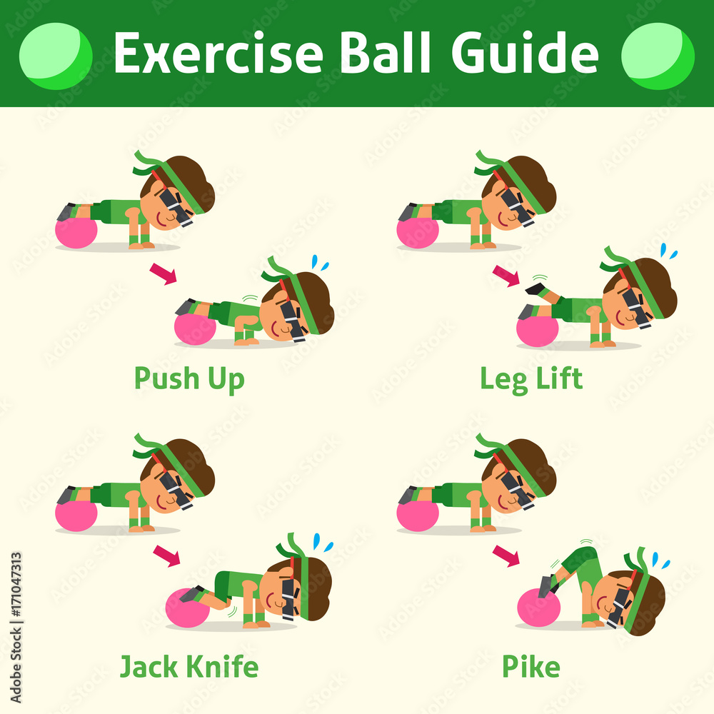 Cartoon set of man doing exercise ball step for health and fitness