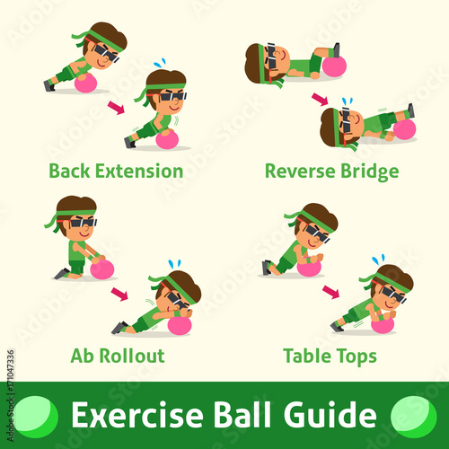 Cartoon set of man doing exercise ball step for health