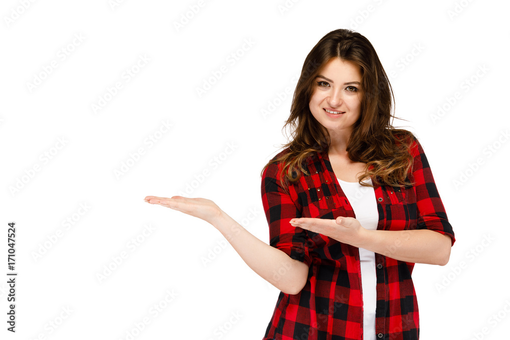 Woman pointing on white background 