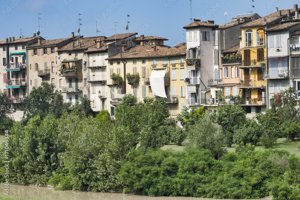 Parma (Italy): houses along the torrent