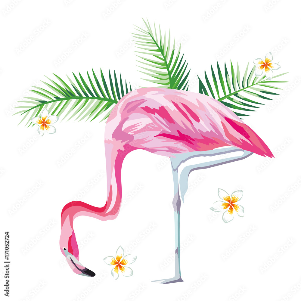 Pink flamingo with tropical plants and flowers beach wallpaper Pink flamingo with tropical plants and flowers beach wallpaper