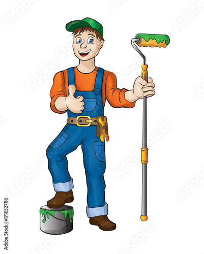 Sympathetic painter dressed in work clothes, he carries a brush