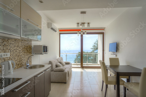 Interior of a living room with kitchen zone in a private apartment