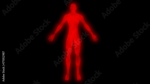 Glowing man raising arms. Internal smoke effect in body silhouette. 3d animation photo