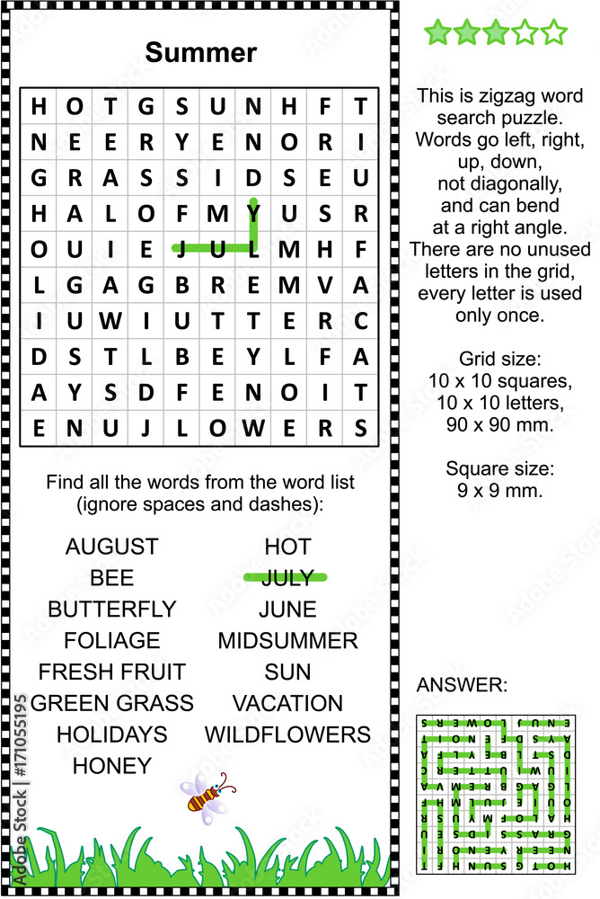 Summer themed zigzag word search puzzle (suitable both for kids and